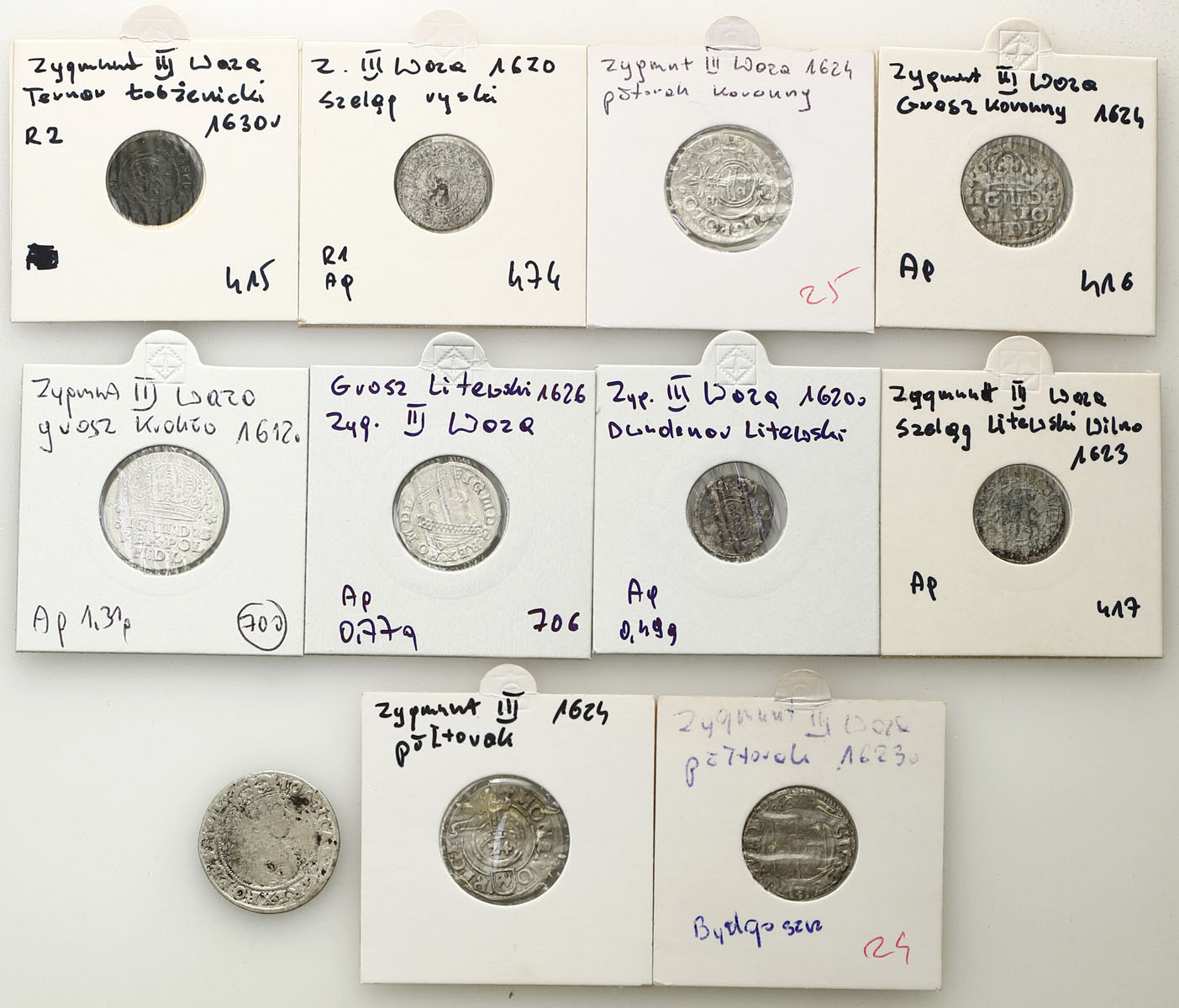 Zygmunt III Waza. Ternar, dwudenar, półtorak, szeląg, grosz, szóstak, zestaw 11 monet